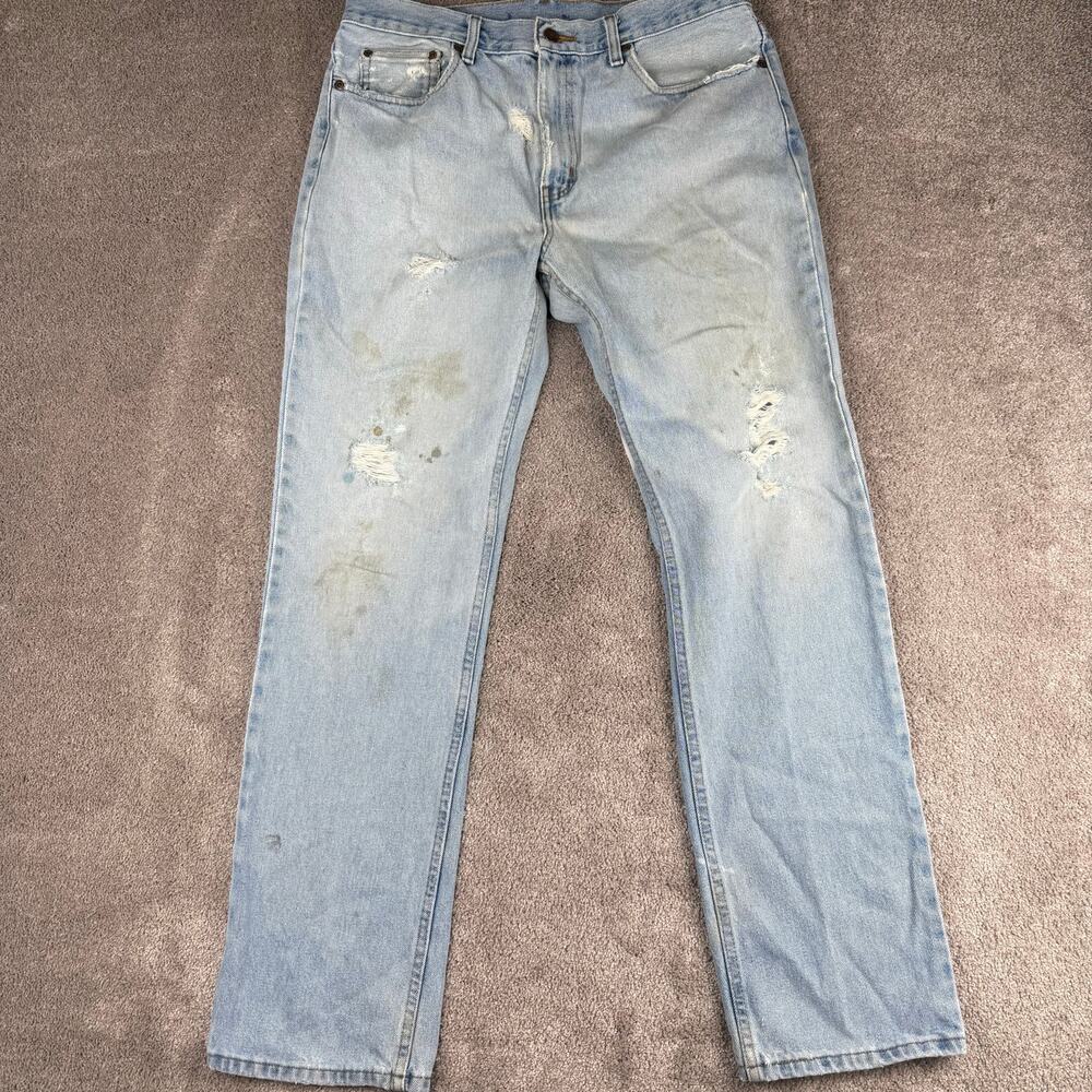 Faded Glory Thrashed Light Wash Distressed Straight Leg Denim Jeans Size 33x31